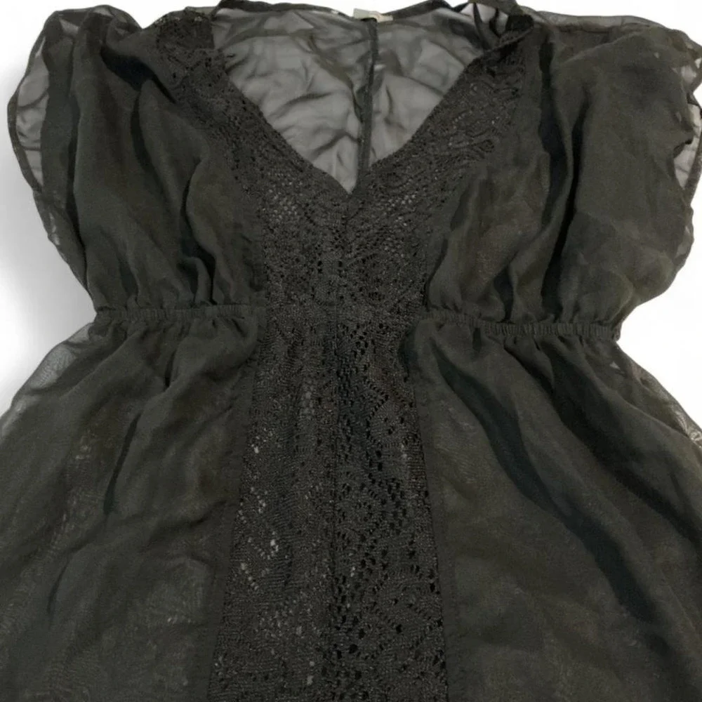 MIKEN Black Lace Detail Sheer Kimono Cover‎ Up Kaftan Dress